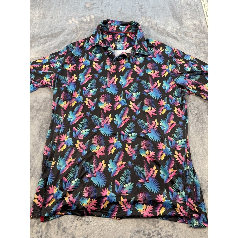 Men's XL Performance Polo Shirt Tropical Palm Leaf Black Multi-Color Anti-UV